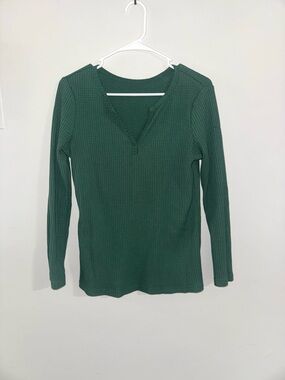 Forest Green Waffle Knit Notch Neck Henley Top L